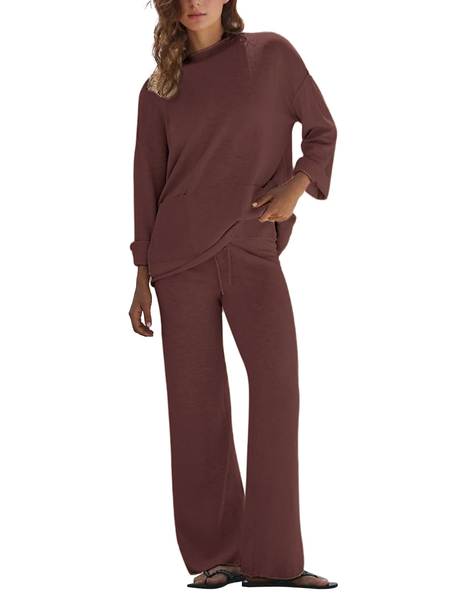 Womens Knit Sweater Set 2 Piece Long Sleeve Top Wide Leg Pants-image-43