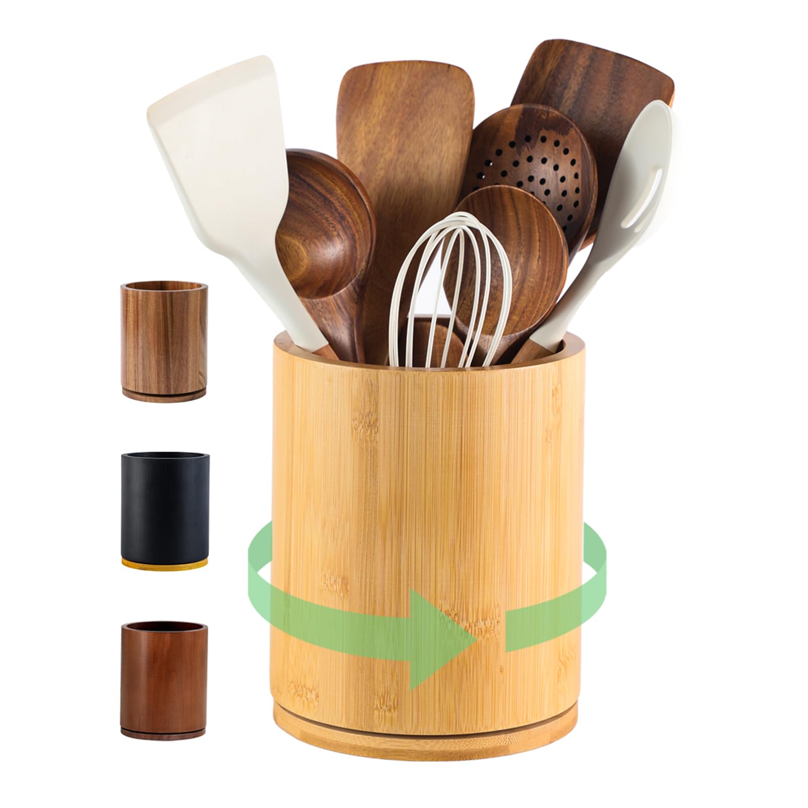 Bamboo Wood Utensil Holder, 360° Rotating 7.3 in Kitchen Organizer | Rustic farmhouse countertop decor. 360° rotating base holds spatulas, ladles, tongs, and cooking tools. Natural bamboo wood.