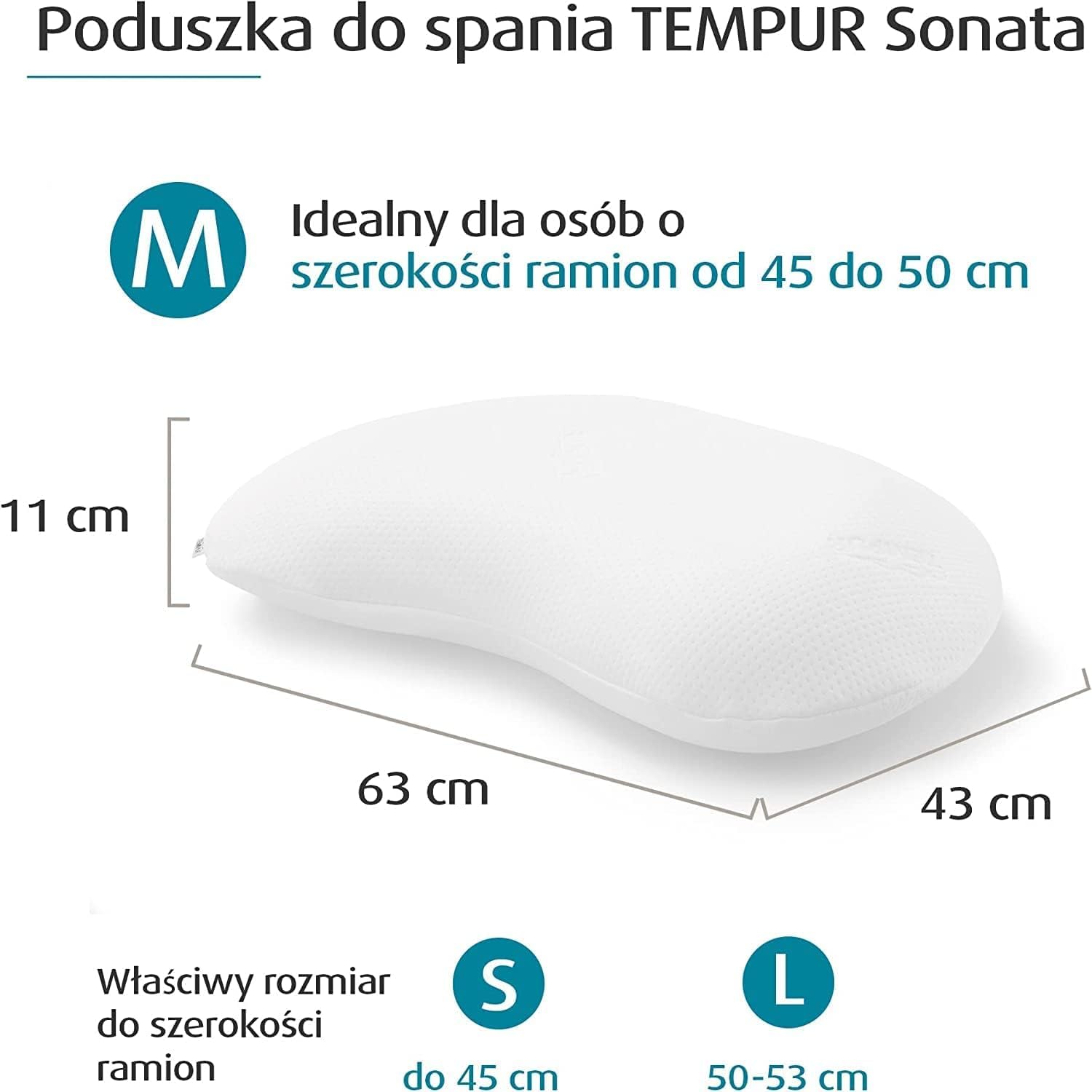 Tempur Sonata Poduszka Ergonomiczna, Pianka Memory, Biały, M (61 x 40 x 11 cm)