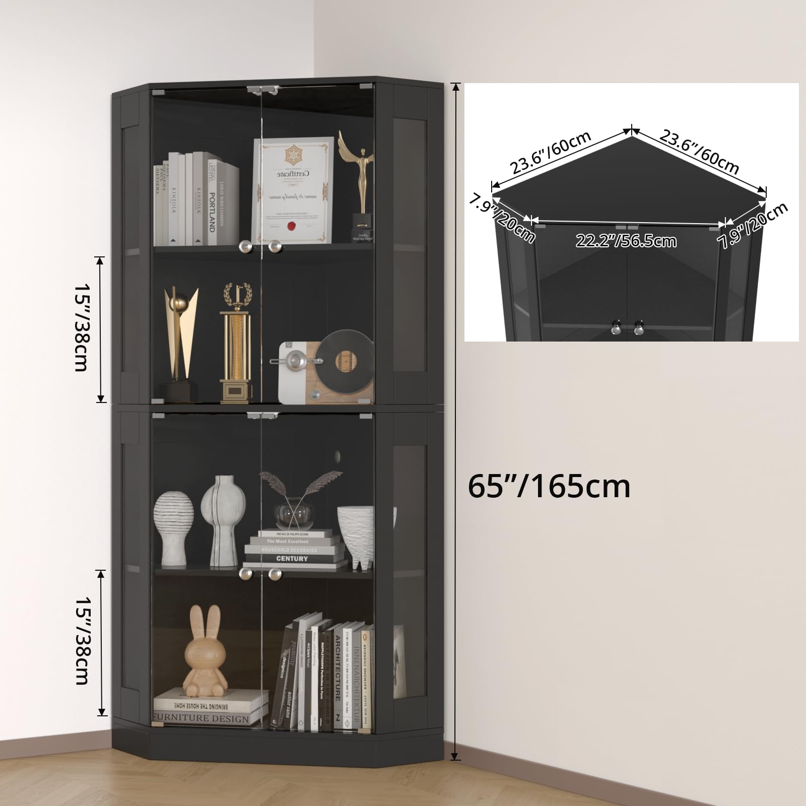 VOWNER Eck-Vitrine 165cm mit LED-Beleuchtung & Intelligente Sensorik, 4-stufige Schauvitrine, Glasvitrine für Wohnzimmer & Büro Sammlerstücke, Spirituosen (Schwarz, 4 Regalböden)
