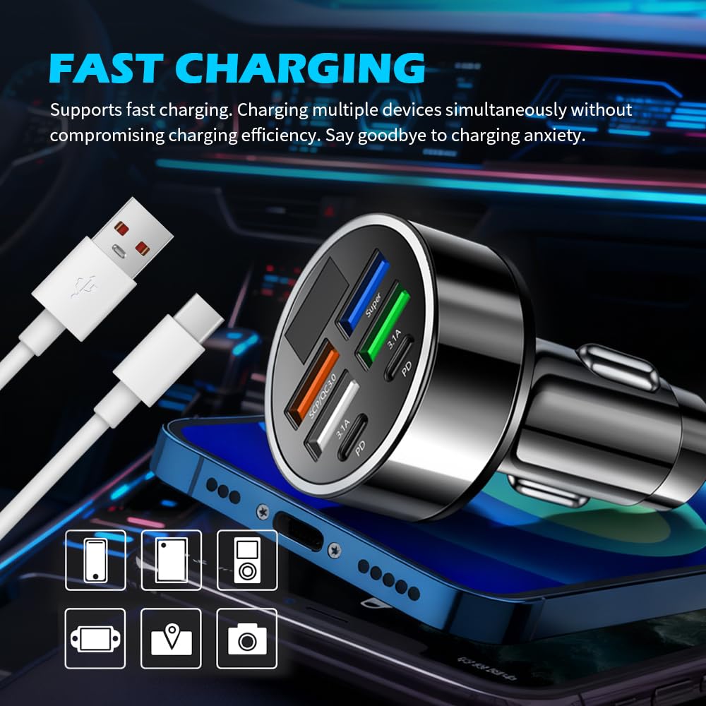 Adaptador de encendedor de cigarrillos de coche de 6 puertos con pantalla LED de voltaje, puerto de carga rápida para coche, incluye PD/QC3.0/SCP/3.1A/Super, adaptador USB de 24 V y 12 V para