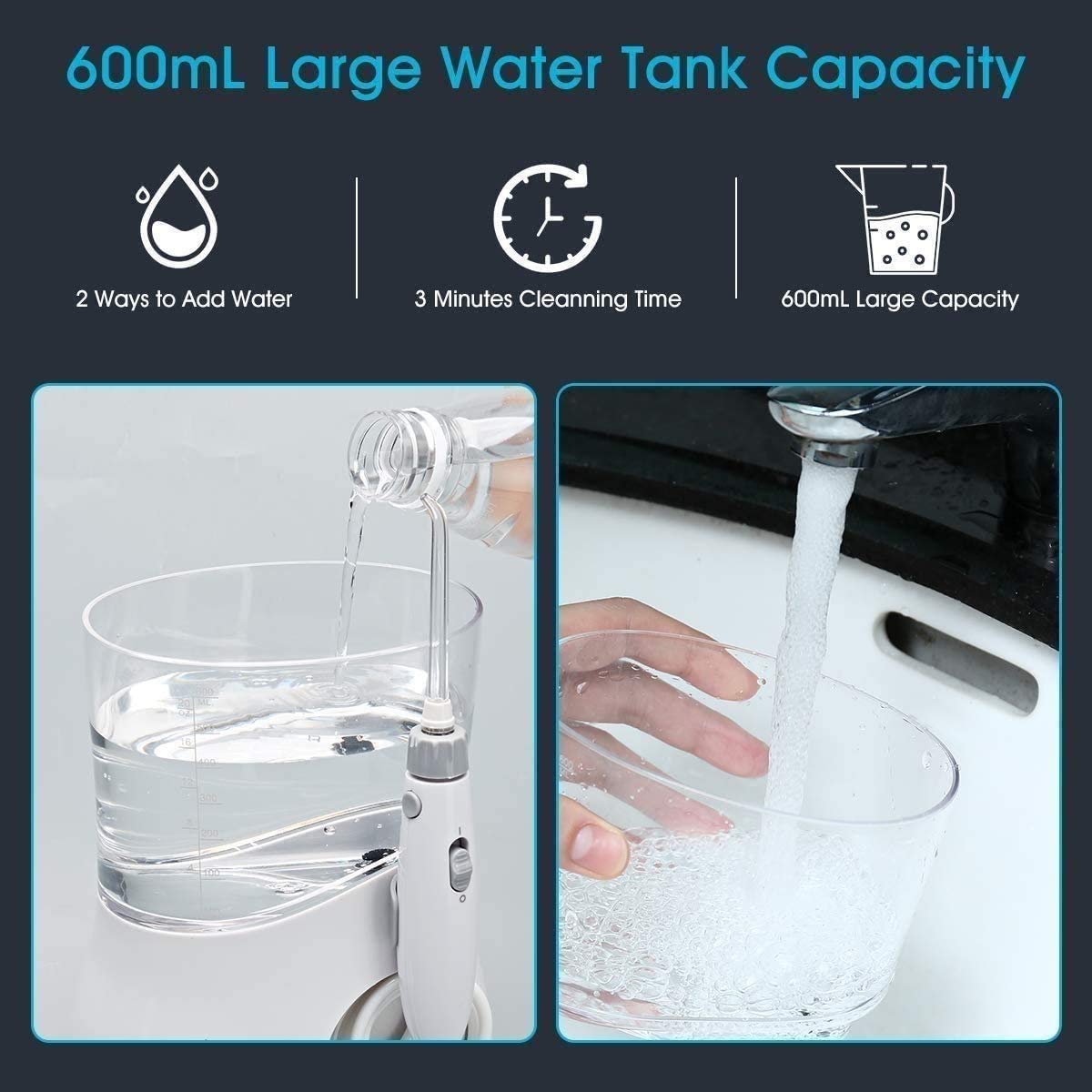 Flosser dell'acqua, pulitore dei denti del flosser dell'acqua for la famiglia, 6 punte multifunzionali del jet, IPX7 impermeabile, 10 modalità regolabili for le esigenze di assistenza orale della fami