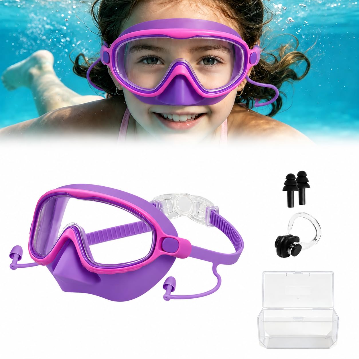 Swimming Goggles Kids 6-14, Large Frame Goggles with Nose cover, No Leak Ajustable Comfort Strap with Ear Plugs for Boys Girls, Anti-fog & Waterproof, Swimming Accessories Pool Beach (Purple)