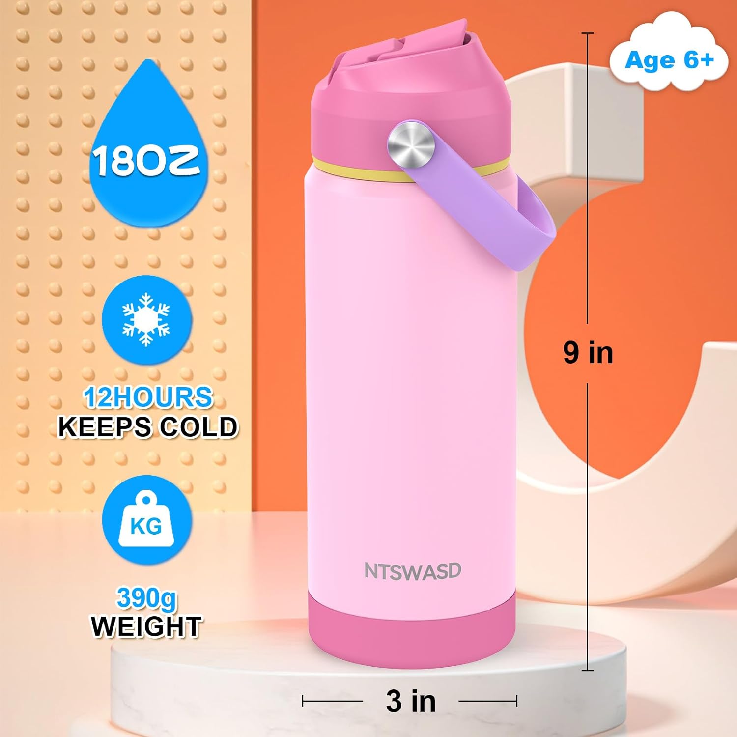 Kids Water Bottle with Straw,18 oz Boys Insulated Cups with Stainless Steel Leak Proof for School Boys Girls,Sport&Travel（Pink） - Image 2