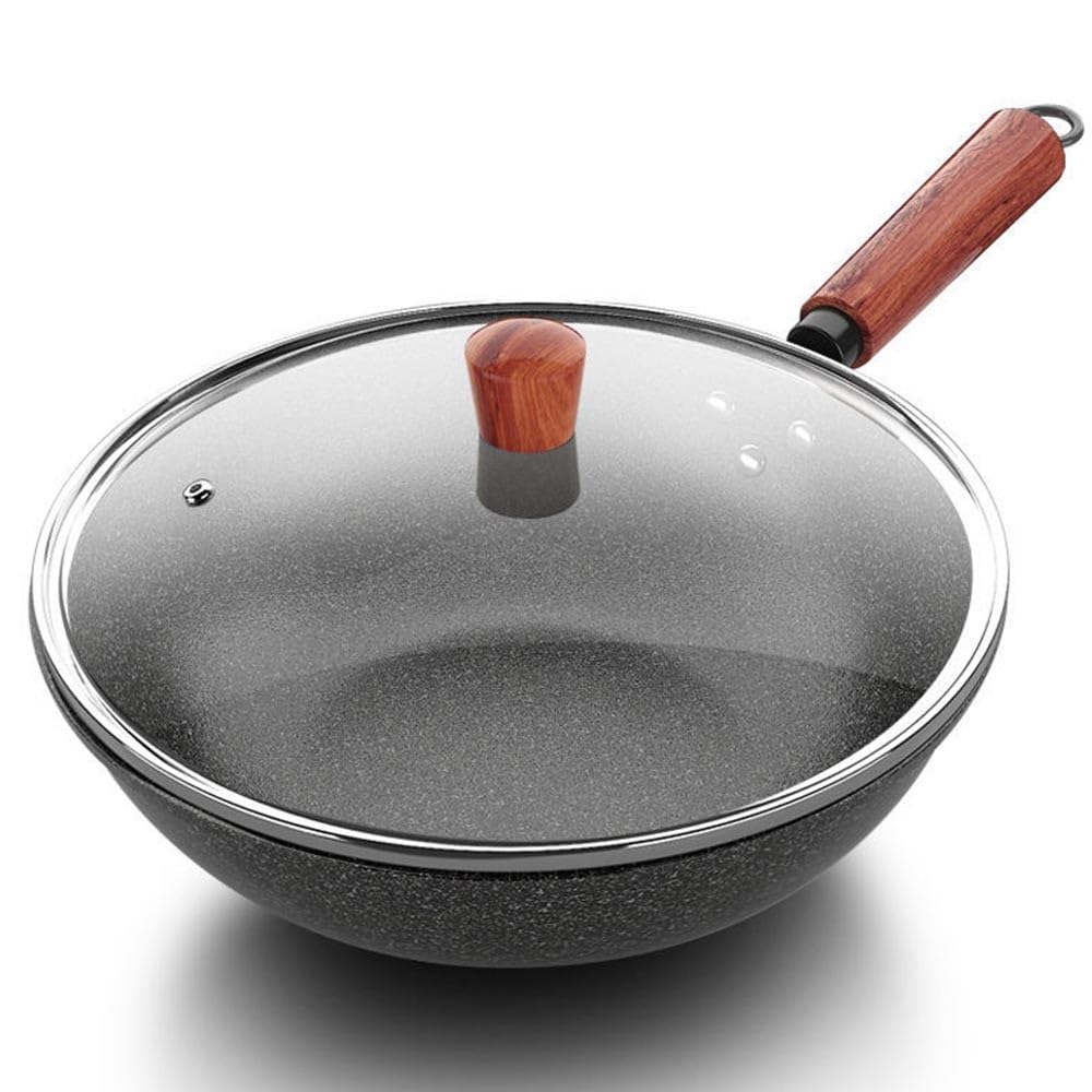 Patelnia Wok z płaskim dnem, 12,6" Szary medyczny kamienny wok, tradycyjna wstępnie sezonowana patelnia z powłoką z granitu i drewnianym uchwytem pomocniczym, do kuchenek indukcyjnych, woków i patel