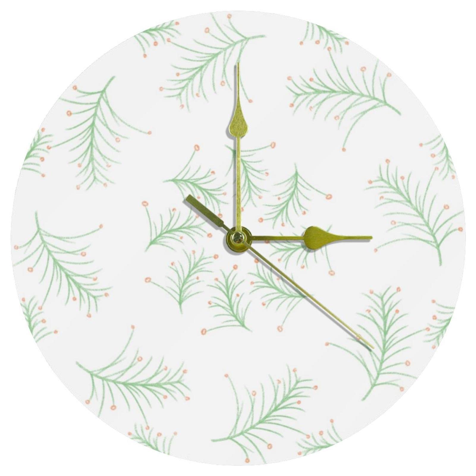 Horloge murale en acrylique ronde de 24 cm au style fleurs vertes coton et lin