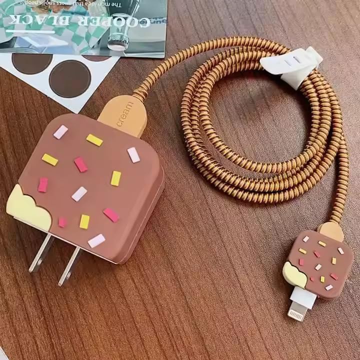 Image of PHONE PALACE 4 in 1 Compatible with Apple iPhone Charger Case Cover | Silicon Charger Case Cover for Apple 18-20W 360 Degree Protection Case with Wire Saver (Brown (Ice-Cream))