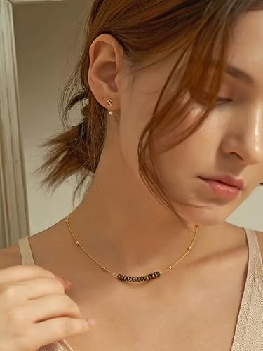 Miniatura 5 de PERNNLA PEARL Gargantilla de Cadena de Bolas de Satélite de Bordillo Chapada en Oro de 18K, Collar de Barra con Cuentas de Turquesa Sintética y