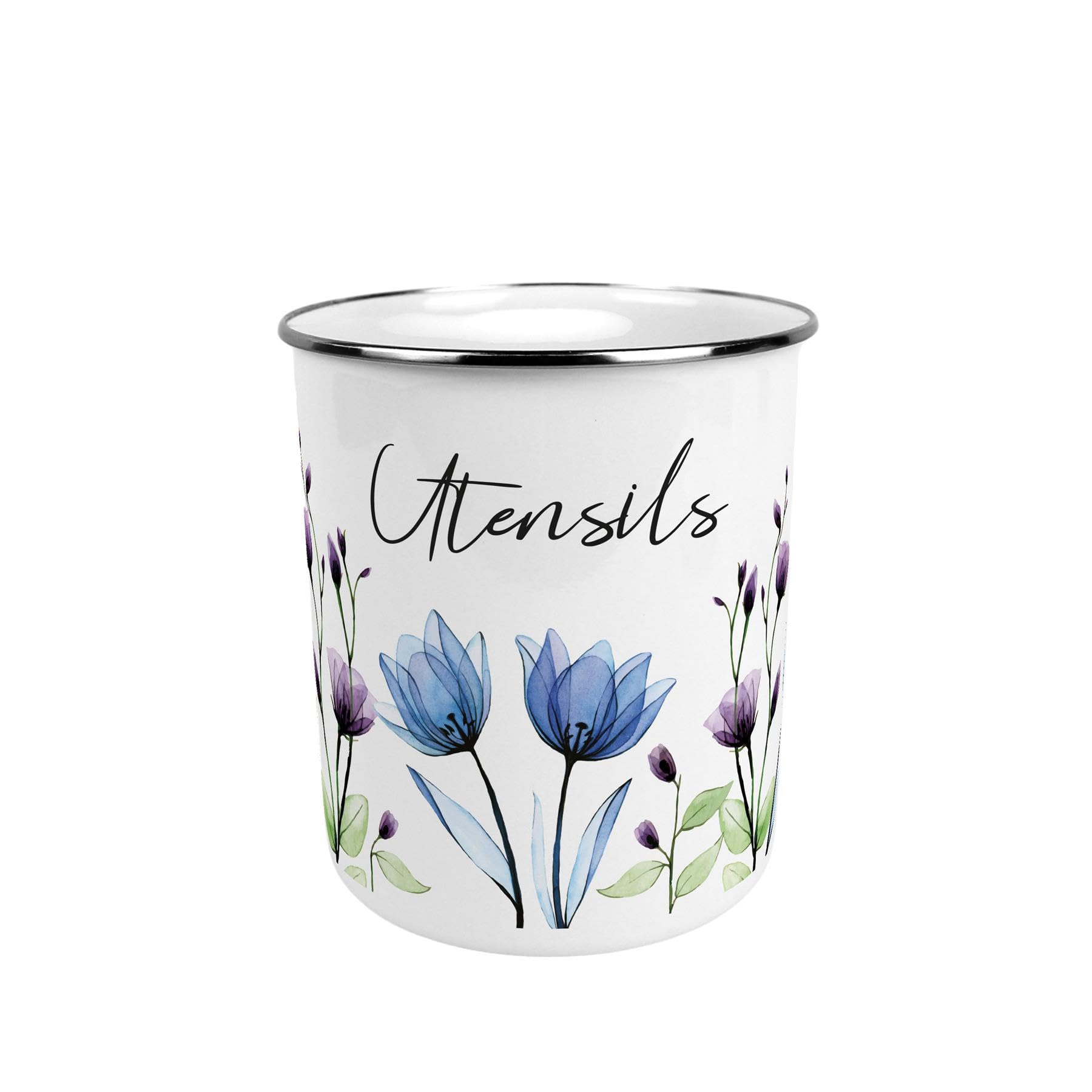 Purely Home Blooming Lovely Blue & Purple Flowers Large Metal Utensil Pot - Stylish Floral Tin Kitchen Utensil Holder/Organiser for Countertop - 15cm(h) x 14cm(dia.)