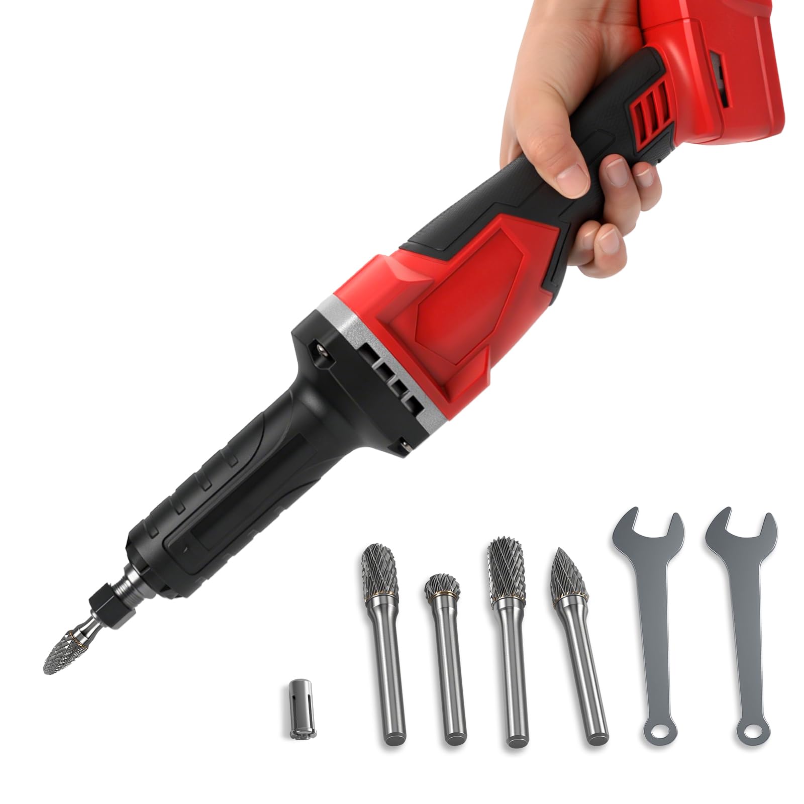 Cordless Die Grinder Compatible with Milwaukee 18V, Brushless Electric Straight Grinder with 5PCS 6MM Shank Grinding Bits for Rust Removal Grinding Polishing Deburring (No Battery)