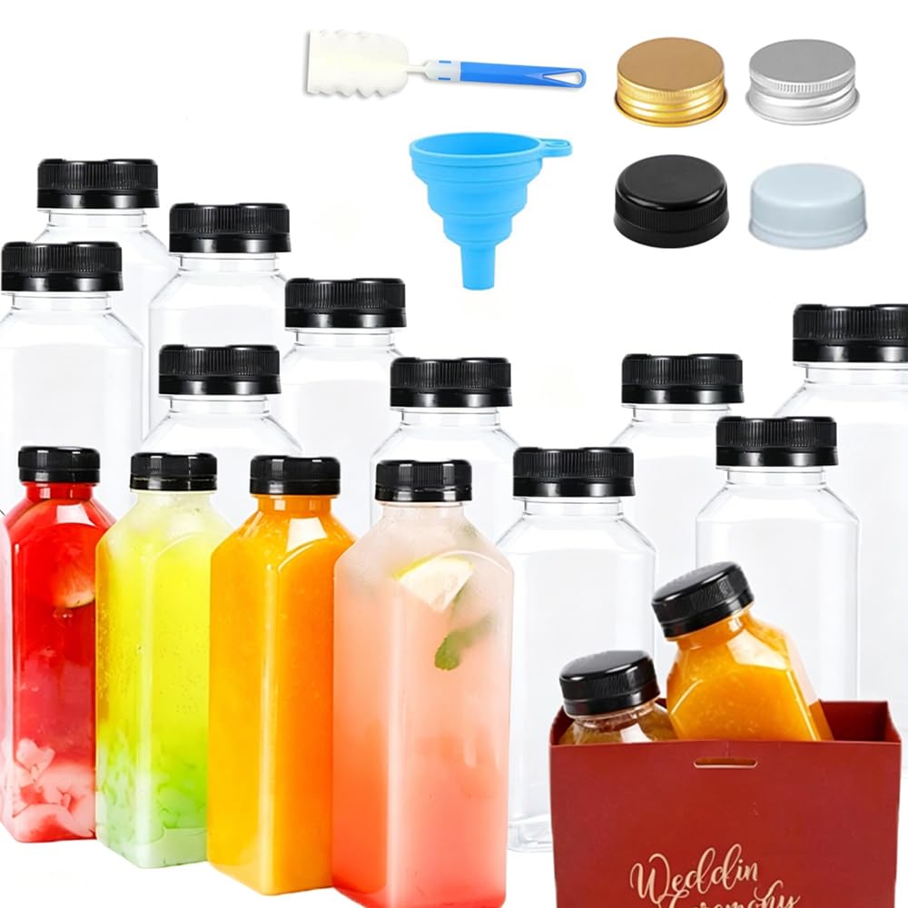 50 bottiglie vuote in plastica trasparente, riutilizzabili, per succhi di frutta, con tappo a vite, contenitori da viaggio con imbuto, riutilizzabili, per acqua, frullati e latte (1000 ml, tappo nero