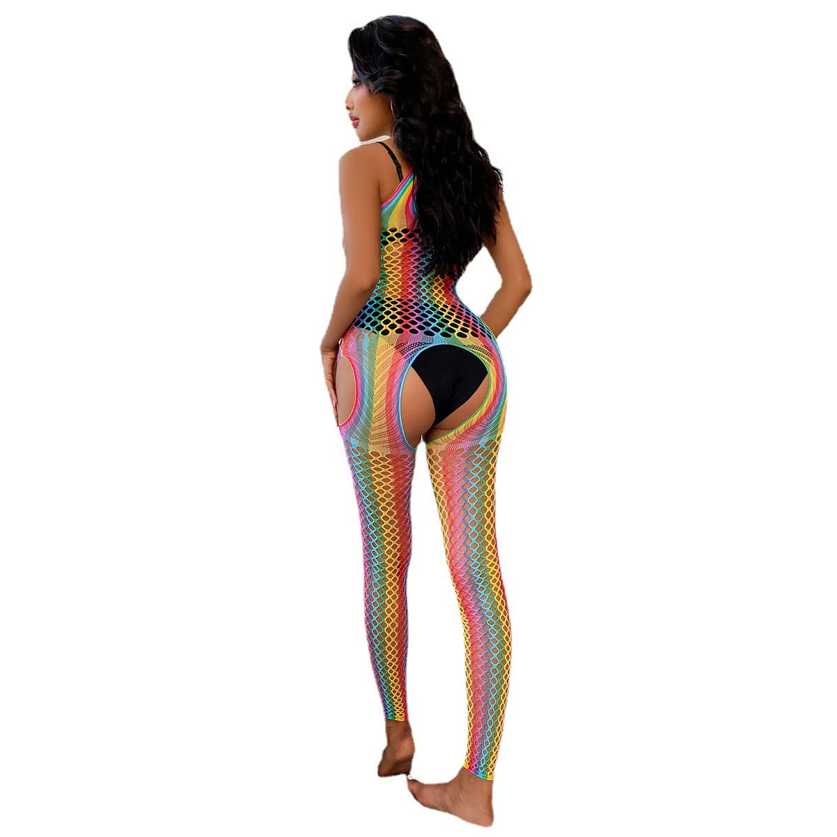 ABAFIP Women Colorful Rainbow Striped Fishnet Bodysuit Teddy Babydoll Mini Dress Festival Rave Dance Bikini Beach Coverups: One Size Colorful Rainbow-13