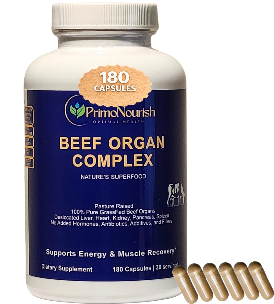 Pure Grass-Fed Beef Organ Complex 3,000mg, 180 Capsules, Non-GMO | 30 Servings, Desiccated Bovine Organs for Men & Women, Energy & Vitality Support | Additive-Free | 3rd-Party Lab Tested | Made in USA