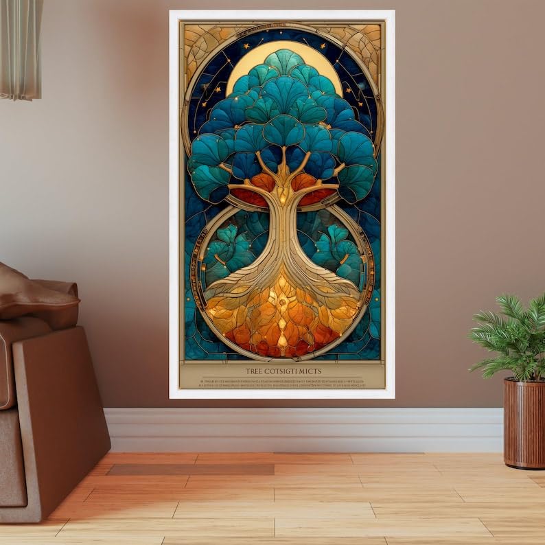 Tableau Arbre de Vie bleu et or 45x80cm pour décoration murale