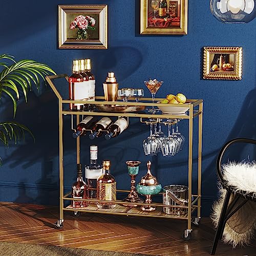 HOOBRO-Bar-Cart-for-The-Home-2-Tier-Kitchen-Cart-with-Wine-Rack-and-Glass-Holder-Serving-Cart-with-Wheels-and-Guard-Rails-for-Dining-Room-Living-Room-Party-Bar-Gold-GD11TC01