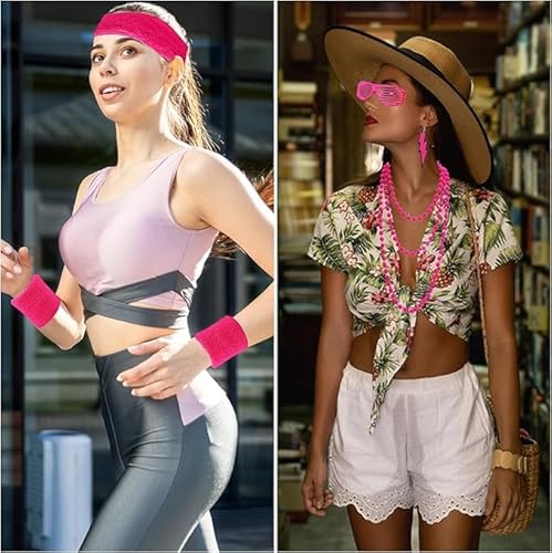 Onperpoe 80er 90er Jahre Outfit Damen Retro Kostüm Zubehör Set Neon Netzshirt,Ohrringe,Halsketten,Beinwärmer,Armbänder,Brille,Stirnband 80er Jahre Accessoires Frauen für Karneval,Fasching,Mottoparty