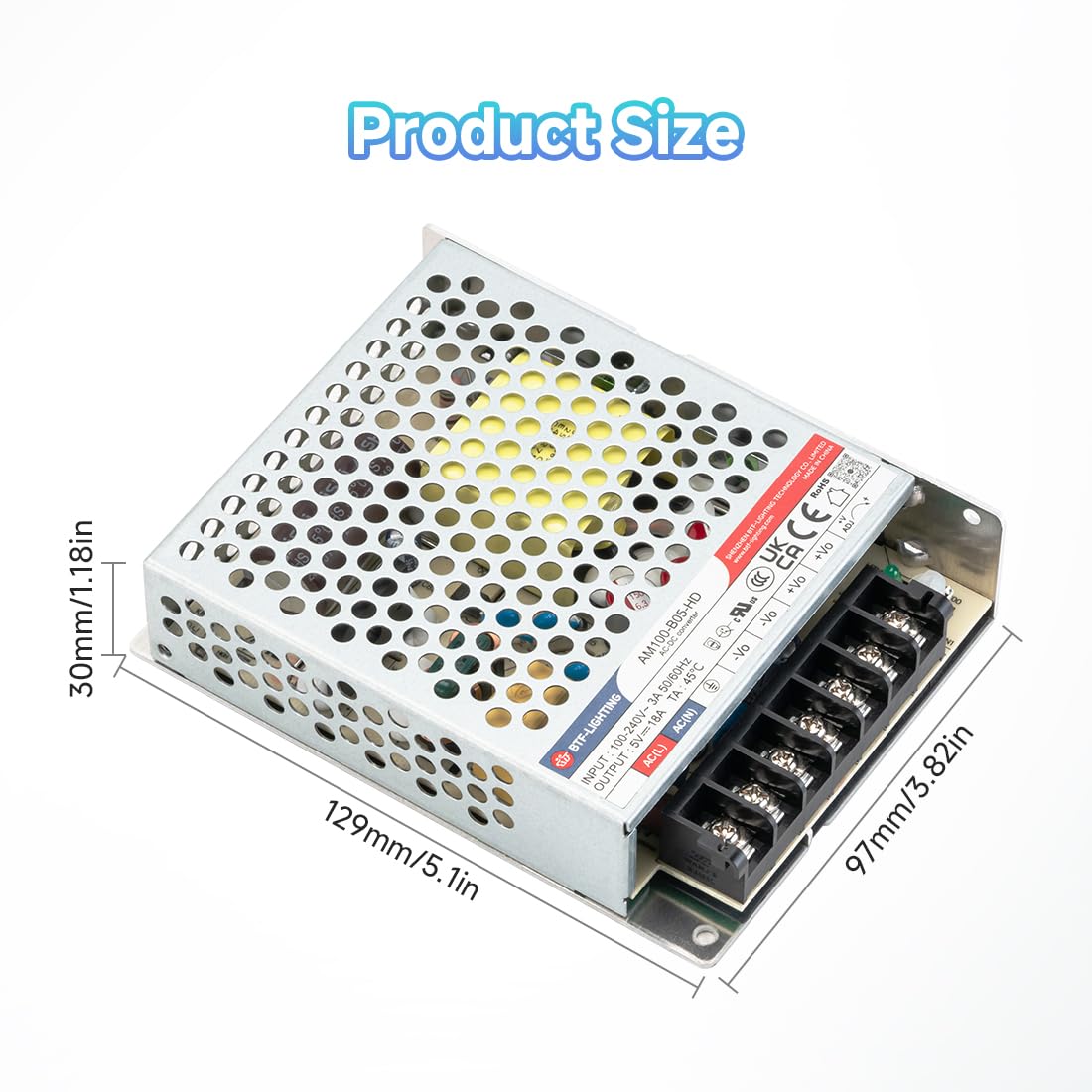 BTF-LIGHTING Alimentatore 90 W 5 V certificato CE alluminio driver LED AC100-240 V a DC5 V trasformatore per striscia LED, stampante 3D, telecamera CCTV, sistema di allarme, radio, progetto
