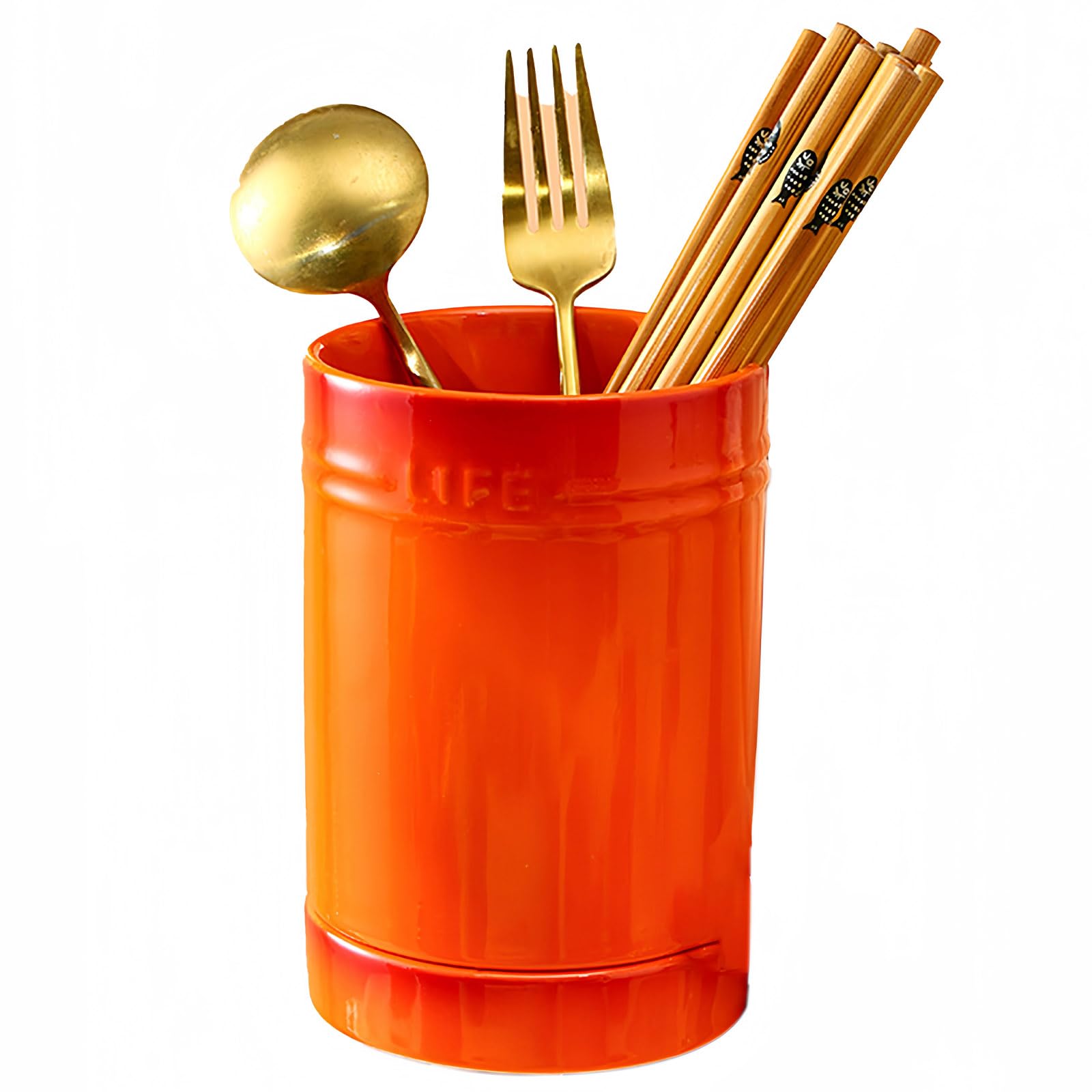 Dowbom Orange Kitchen Utensil Holder For Countertop, Ceramic Cooking Utensil Crock, Cutlery & Chopstick Holder (, 4")