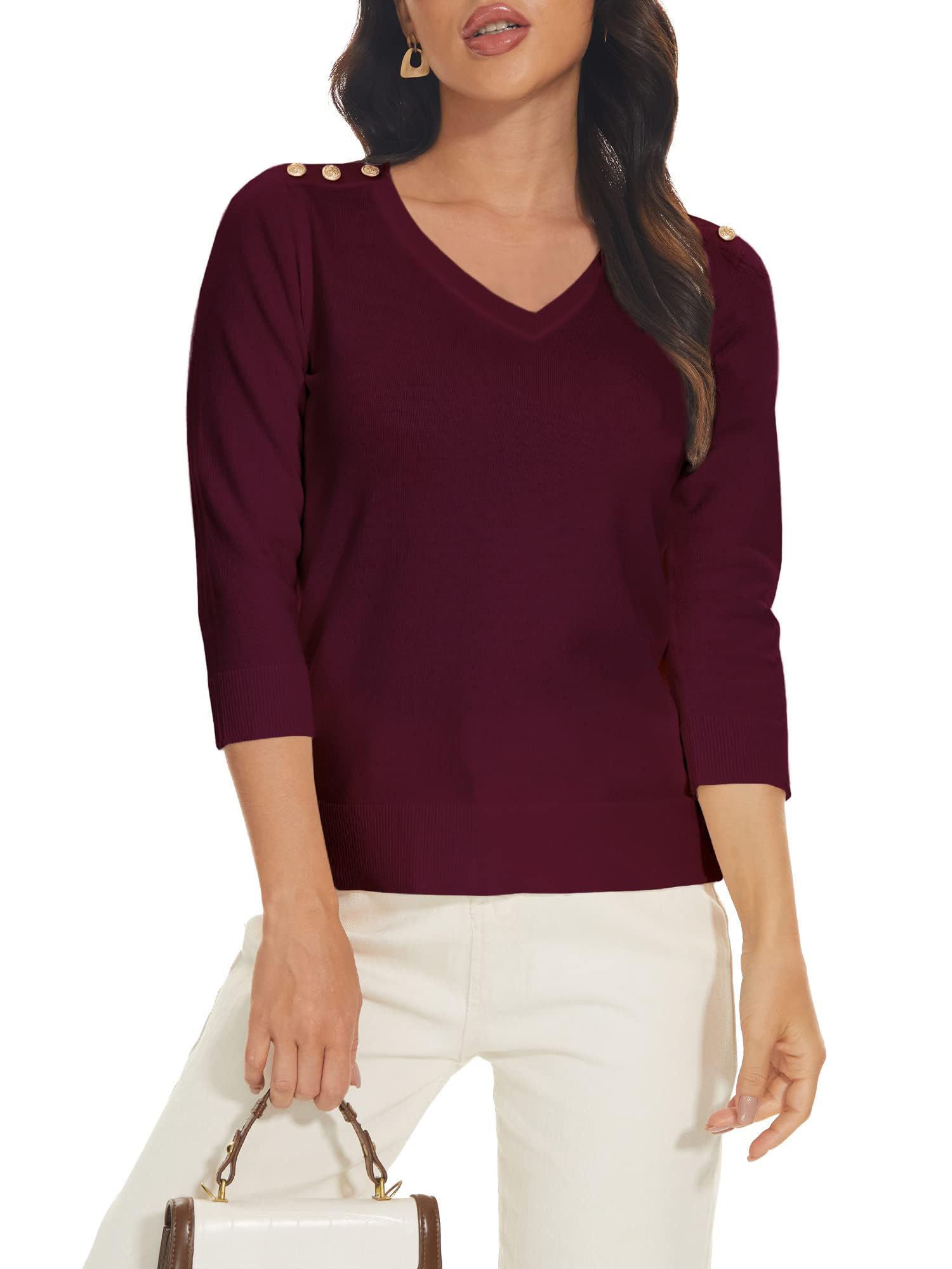 Spicy Sandia Womens 3 4 Sleeve V Neck Pullover Sweaters Lightweight Dressy Casual Trendy Knit Top Shirt