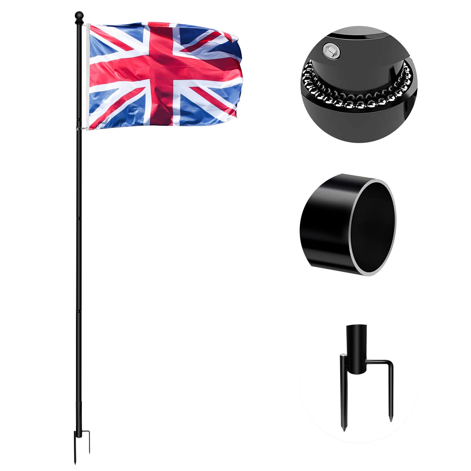 Yard Flag Pole Kit in Ground with Weighted Iron Pronged Base,245cm Thickened Aluminum Flagpoles for House,Portable Tangle-Free Outdoor Flag poles for Camping,Residential,Commercial.(Including UK Flag)