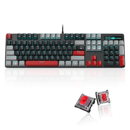 MageGee Mechanical Gaming Keyboard, 104 Keys Blue Backlit Keyboards with Red Switches Double-Shot Keycaps, USB Wired Mechanical Computer Keyboard for Laptop, Desktop, PC Gamers(Gray & Black) - Gray & Black - Red Switch