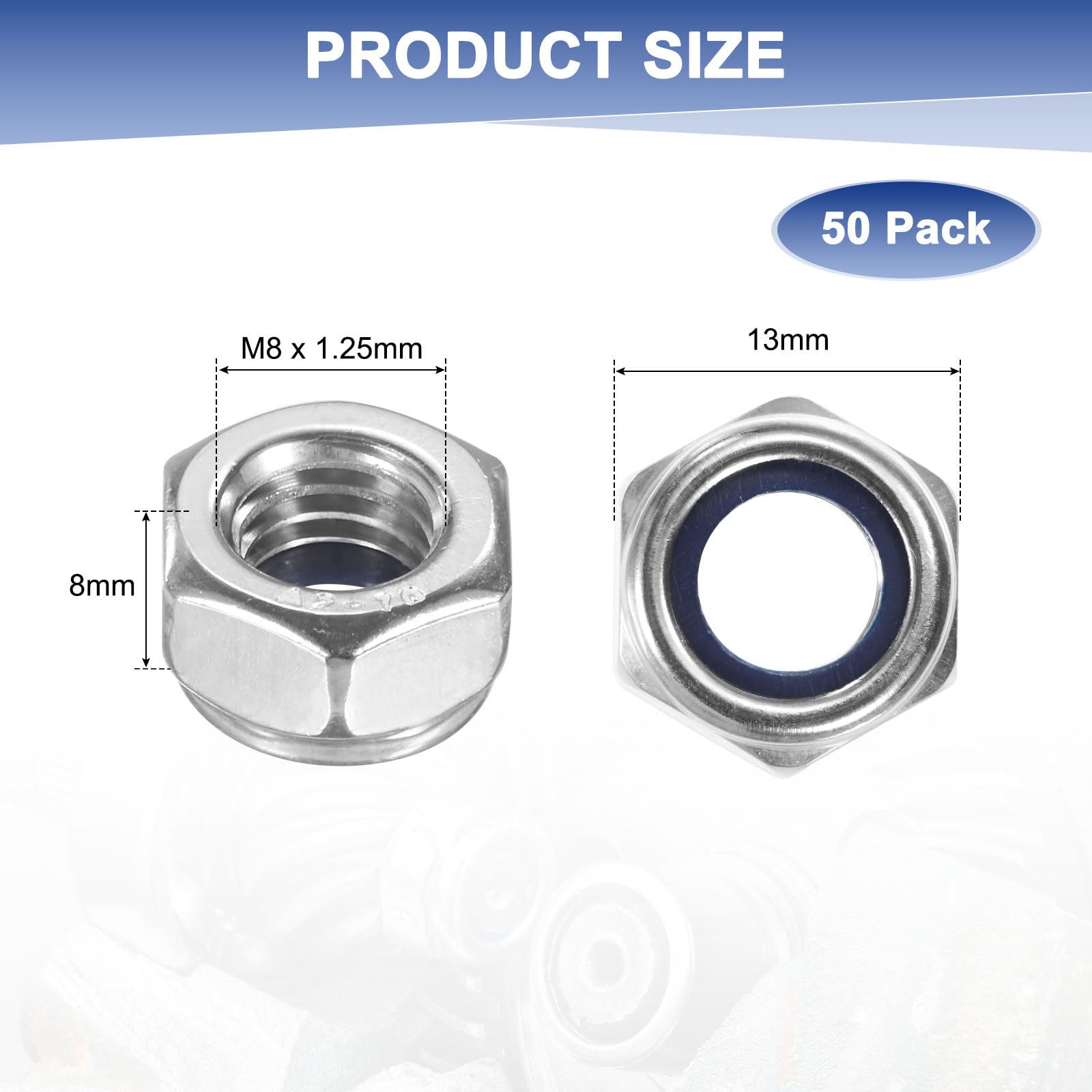 M METERXITY 50-Pack Nylon Insert Hex Lock Nuts, M8 x 1.25mm Thread 304 Stainless Steel Self-Locking Locknuts Hexagon Nut Metric Nuts for Machinery/Home Repair/Industrial Fasteners - Image 3