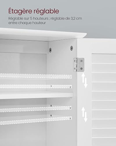 VASAGLE Meuble Mural, Meuble de Rangement Suspendu pour Salle de Bains, Armoire à Pharmacie avec Étagère Réglable, Double Porte et Étagère Ouverte, 20 x 60 x 70 cm, Blanc BBC27WT - 4