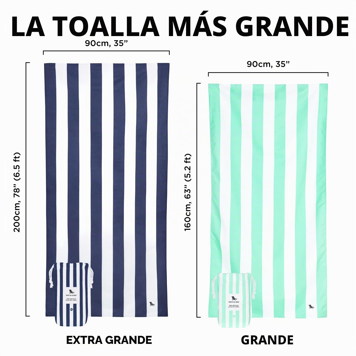 Dock & Bay Toalla de Playa - Secado Rápido, Sin Arena - Compacto, Ligero - Materiales 100% Reciclados - Incluye Funda - Cabana Light - Malibu Pink, Double Extra Large (180x200cm, 70x78)