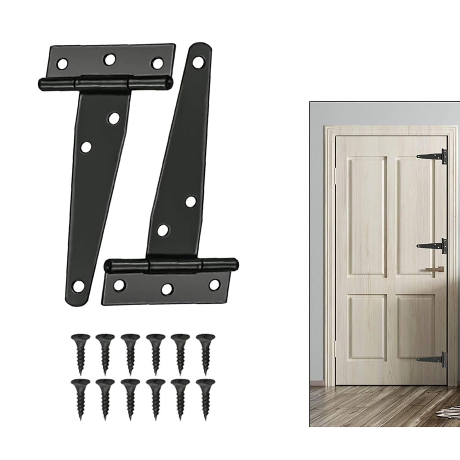 4 Pack 6 Inch T-Strap Shed Door Hinges Gate Strap Hinges Black Tee Hinge Wrought Hardware for Wood Shed Barn Door Fence Gate Swing Yard Door - Image 4