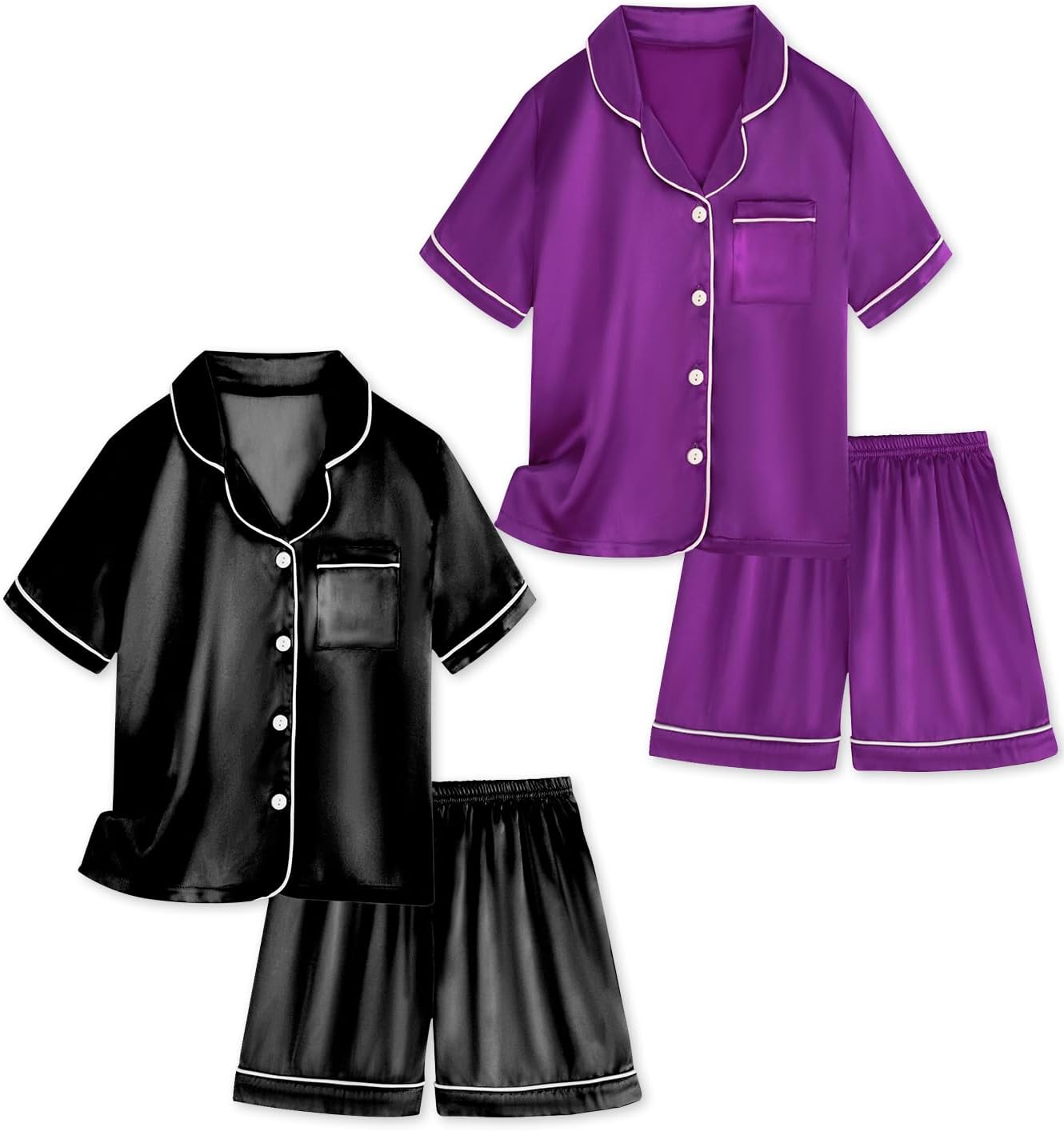 Satin Pajamas for Girls, 4-Piece Short Sleeve Button Down Silky PJ Set