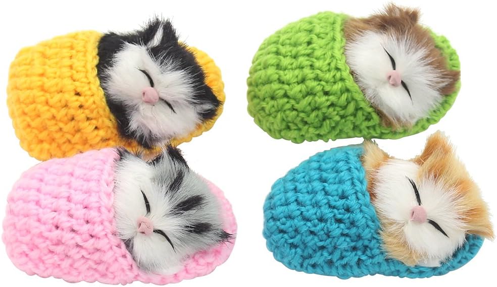 4Pcs Sleeping Cat in Slipper Doll Toy, Mini Kitten in Shoe with Meows Sounds Decor Hand Toy Gift for Kids Boys Girls