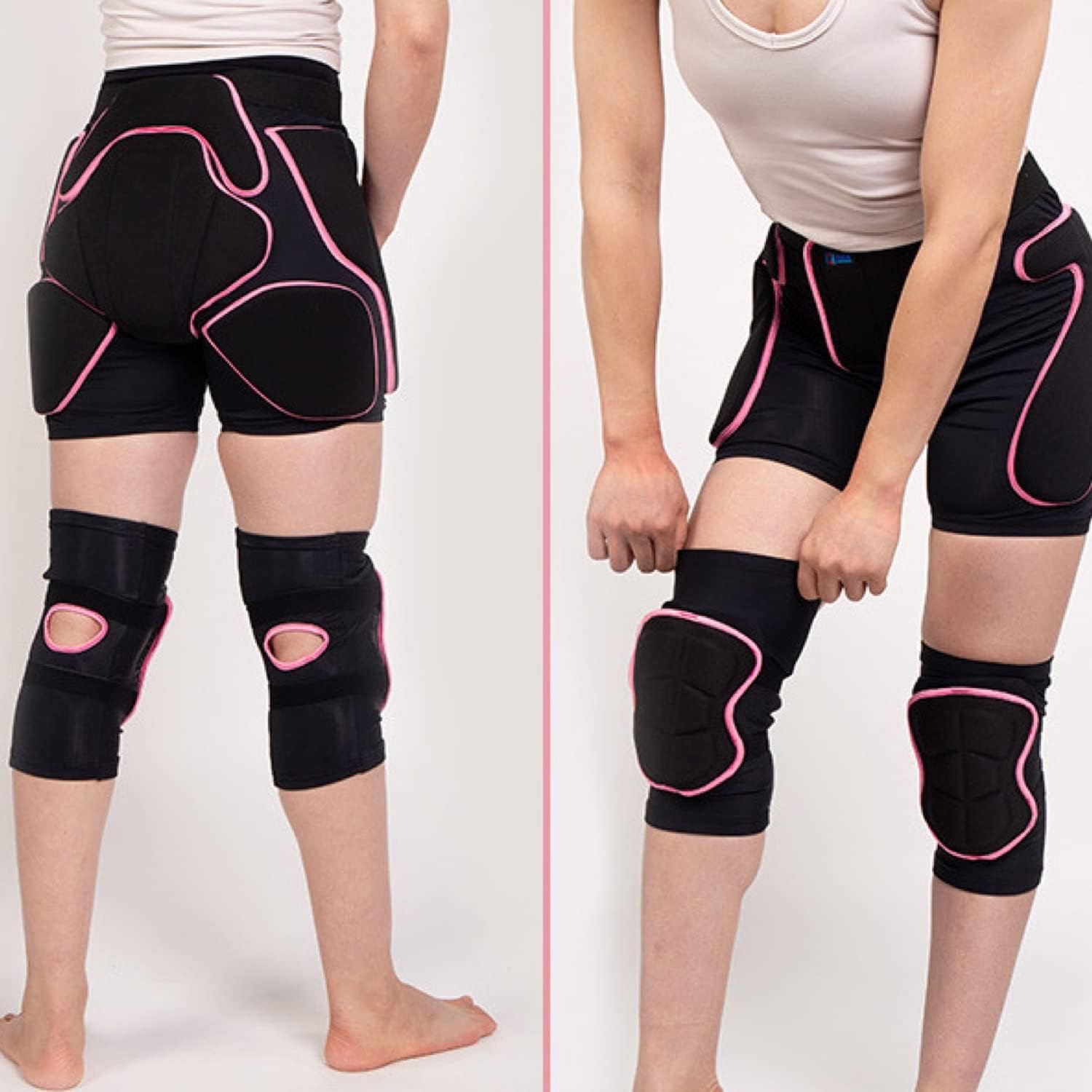 BelugaDesign 3D Protection Padded Shorts Knee Set | Hip Butt Tailbone Impact Shorts for Ski Skateboard Snowboard Volleyball Ice Figure Skating | Adjustable Breathable Knee Brace (W, S)