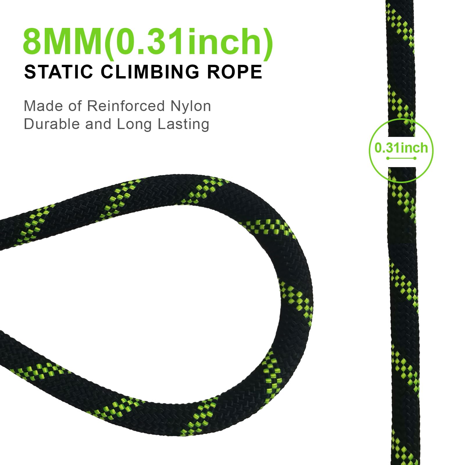 20m Corda Statica da Arrampicata 8mm con 2 Moschettone, UIAA | nylon ad alta resistenza, anti-abrasione, anti-UV, nero fluorescente, per alpinismo, soccorso e Campeggio
