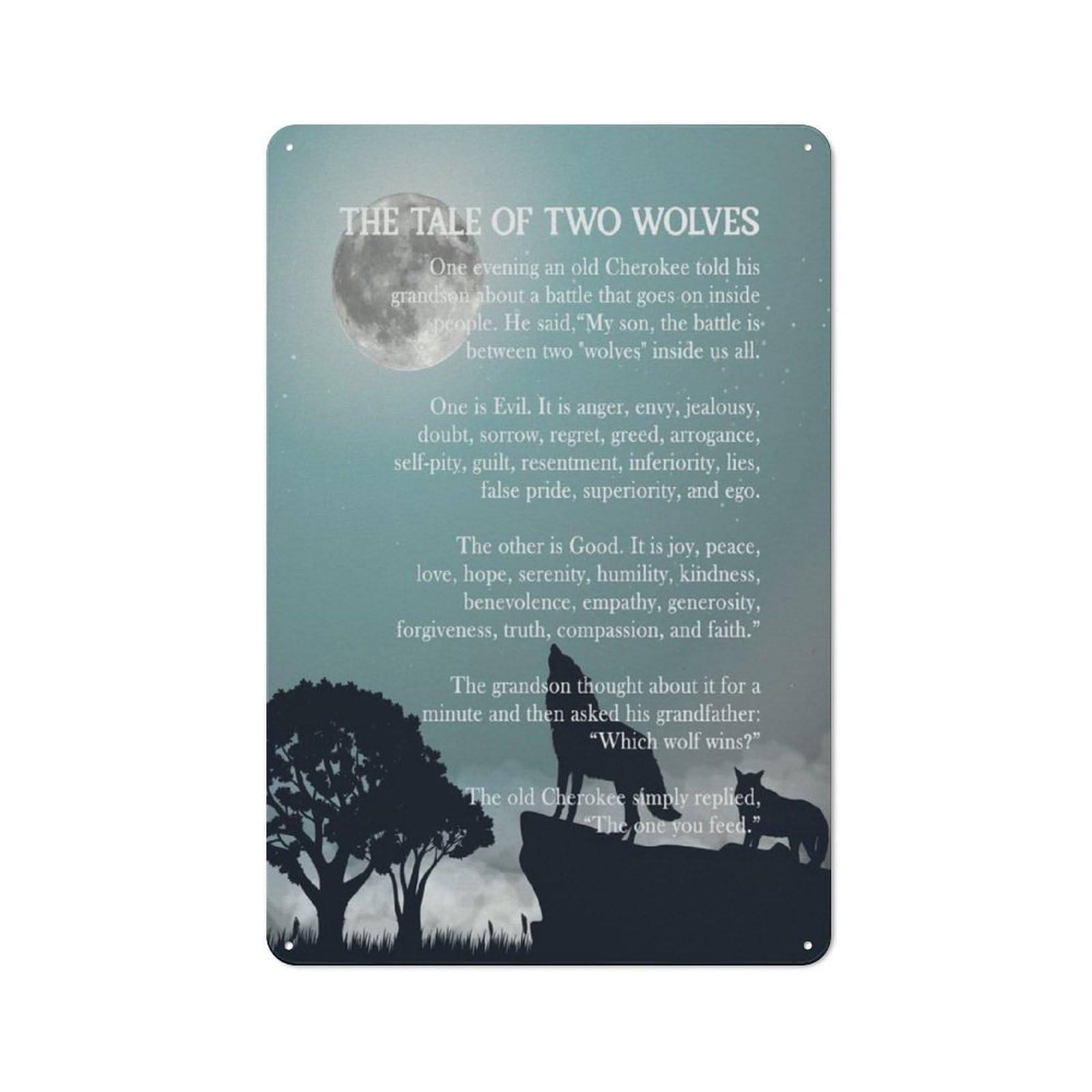 ACDOET Rustic Metal Tin Sign Wall Art Inspirational Quote Decor,The Tale Of Two Wolves Prints Poster Wall Art For Living Room Home Office Decor, Great Gift For Home And Office Decor 8x12 Inch