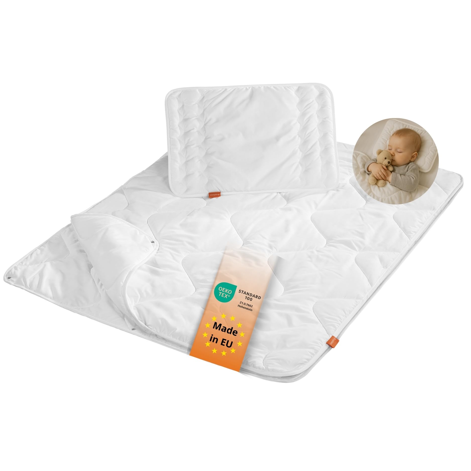 sleepling 194479 Enfant Set pour lit de bébé | Couette 4 Saisons pour Toute l'année 100 x 135 cm | Oreiller Plat 40 x 60 cm | 100% Microfibre | Made in EU | Ökotex 100 | Garantie de Chaleur, Blanc
