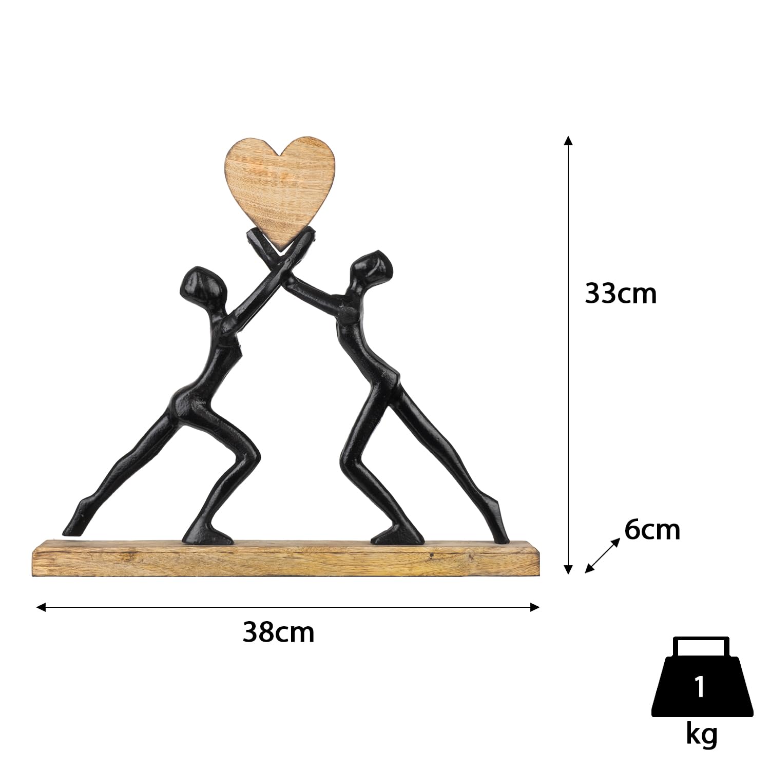Nowoczesna rzeźba z aluminium i drewna 38 x 6 x 33 cm - figurka dekoracyjna z sercem na cokole z drewna mango - symboliczna dekoracja figury dla miłości, przyjaźni, spójności, partnerstwa