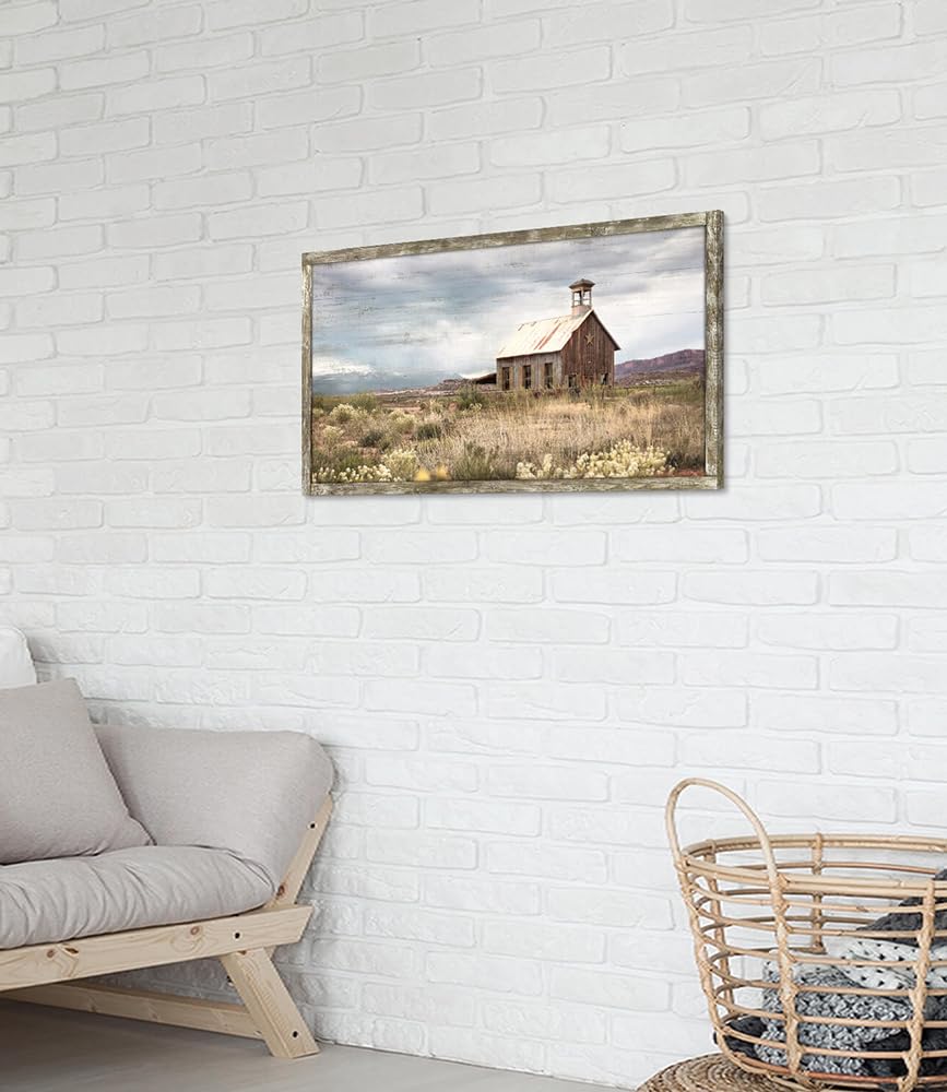 Quadro Con Cornice In Legno Rustico – Paesaggio Con Fattoria E Tramonto 101x50 Cm - 5