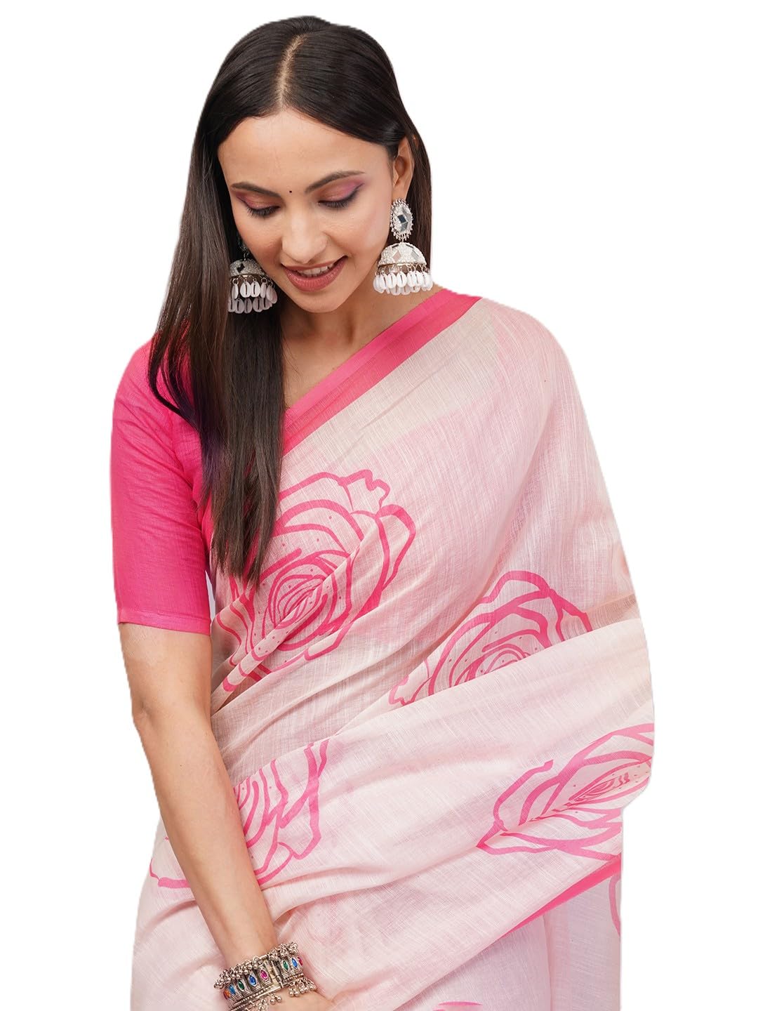 SAMANTHA Womens Printed Linen Saree With Unstitched Blouse Piece-picture-23