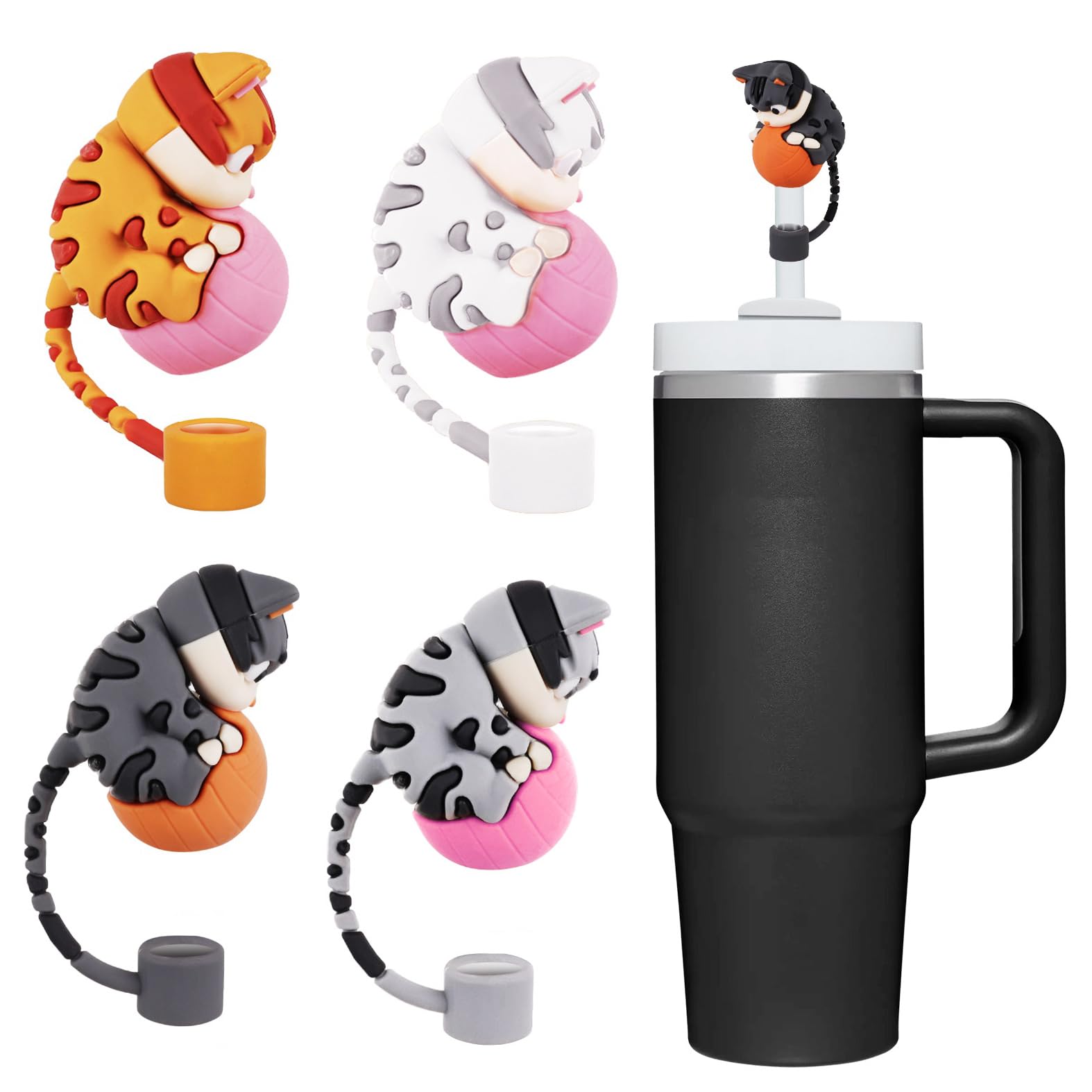 4 PCS Cute Cat Straw Toppers, Straw Covers Cap For Stanley Cup 30 40 Oz, Funny Tumbler Stanley Cup Accessories Set (4PCS Cat)