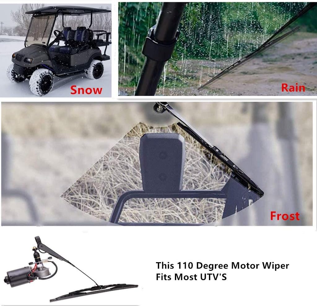 UTV Windshield Wiper Kit Compatible With UTV Golf Cart Polaris Ranger RZR 800 900 1000 Can Am Kawasaki MULE Universal 12V Electric Motor 110 Degree Wipe 1 Arm 2 Blades