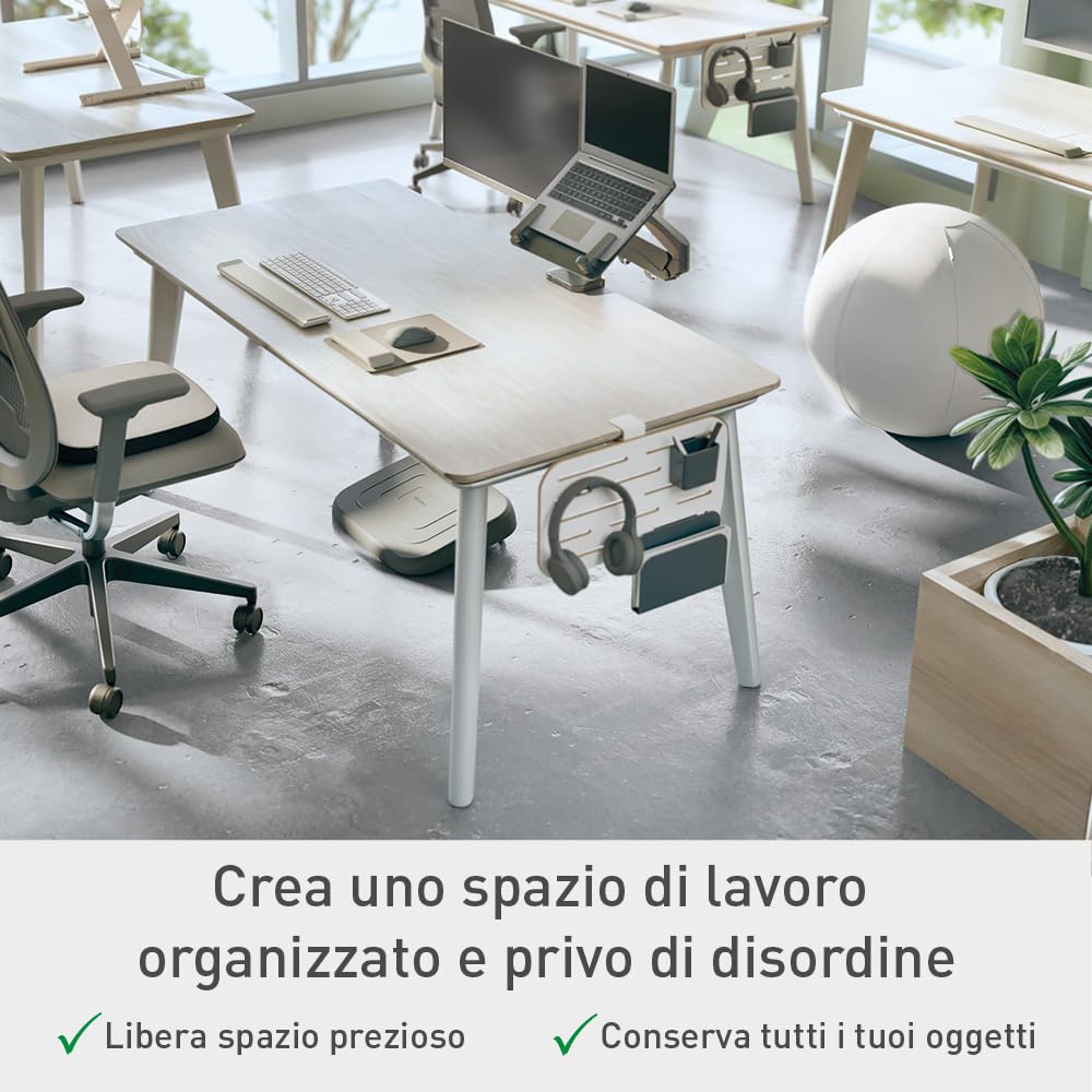Leitz Ergo Organizer con Pannello Forato per Scrivanie dallo Spessore Massimo di 35 mm, Include Gancio per Cuffie, Portapenne e Porta Blocco per Note, 42 cm x 25 cm, Gamma Ergo, Bianco, 65480000