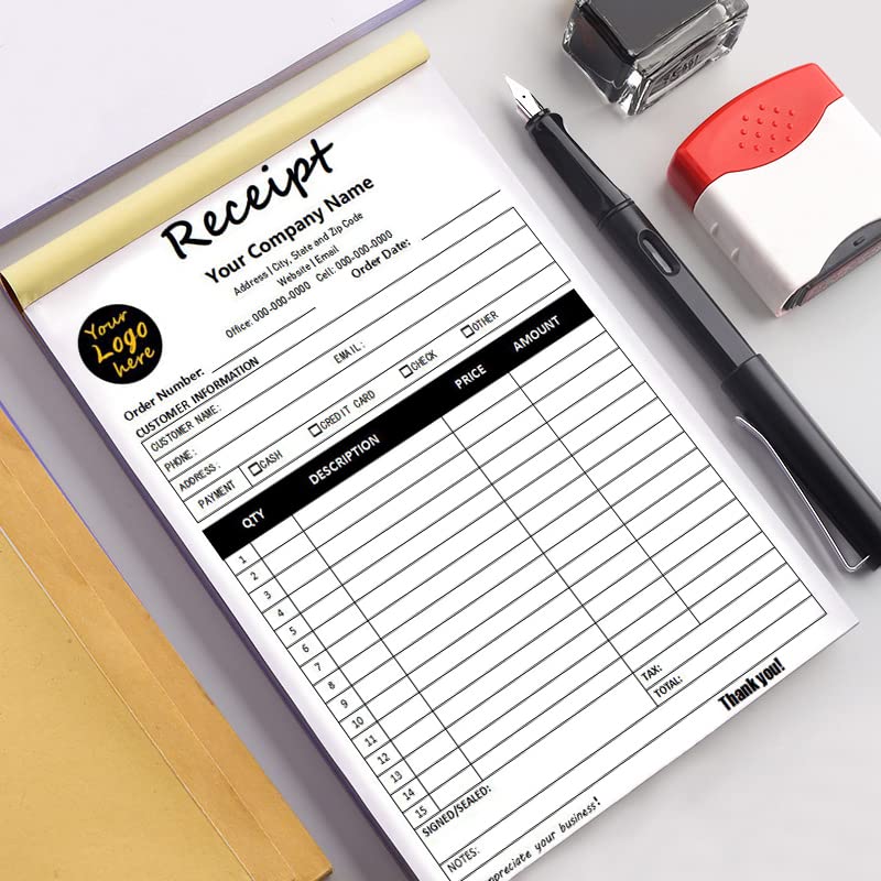Custom Carbonless Sales Rechnungsformular Bücher für kleine Unternehmen, personalisiertes NCR 2-teiliges Quittungsbuch mit Carbon-Kopien, Cover hinzufügen Firmenname, Adresse und Nummer gedruckt