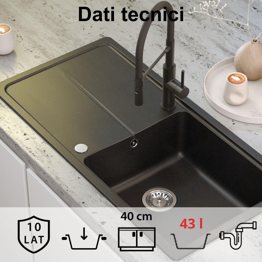 QUADRON NEAL 146 Lavello in granito per cucina, dimensioni: 100 x 50 x 21,5 cm, nero, lavello da cucina a vasca singola Set: lavello in granito + sifone manuale + tappo di copertura