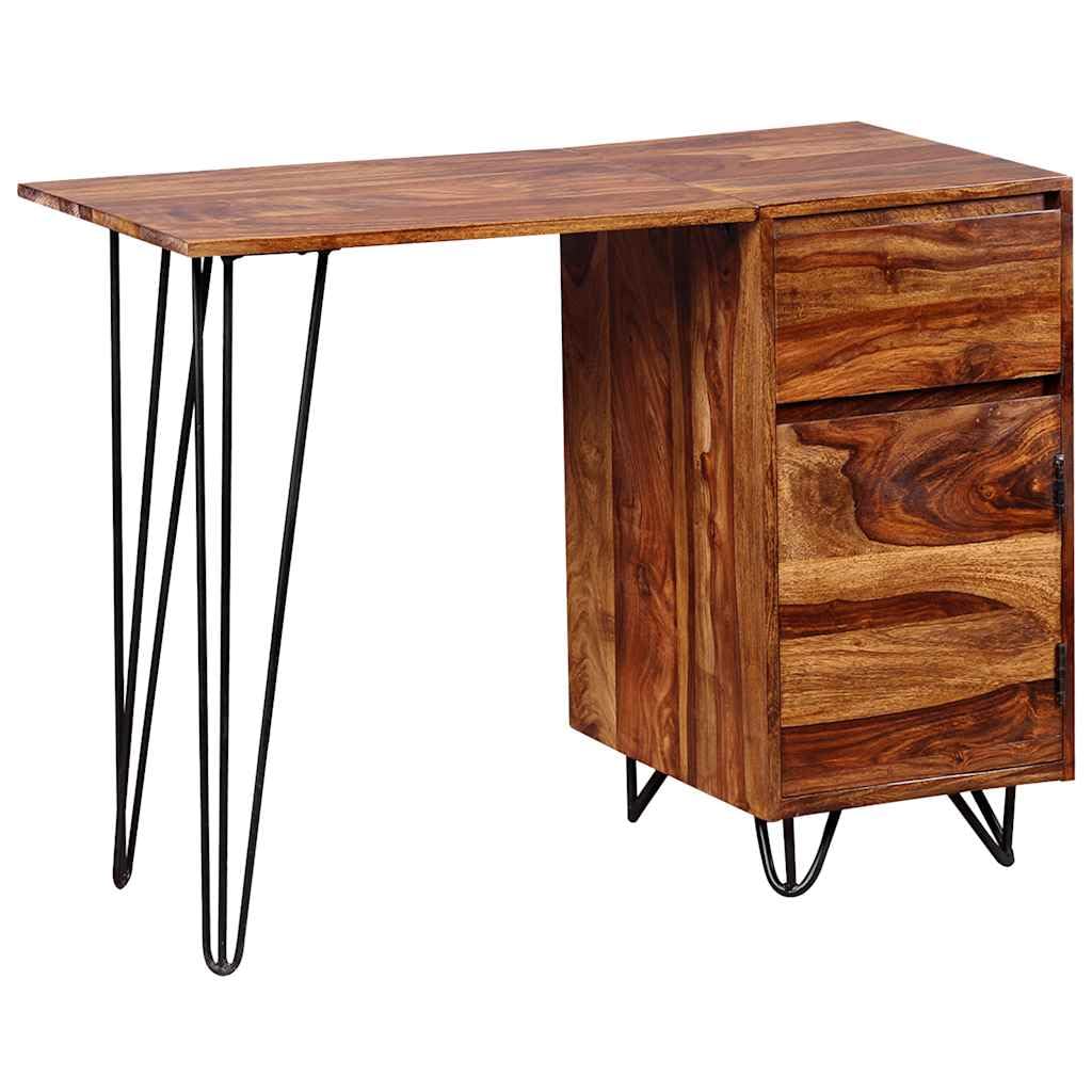 Scrivania in legno massello di acacia con cassetto e armadietto, tavolo consolle per ufficio e studio, design industriale con gambe in acciaio per postazione lavoro smartworking casa