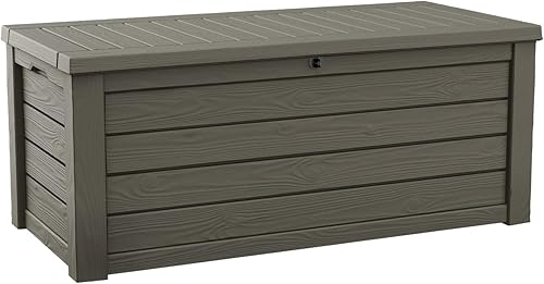 Keter Westwood - Caja de almacenamiento grande de resina de 150 galones para muebles de patio, cojines de exterior, herramientas de jardín y Marrón