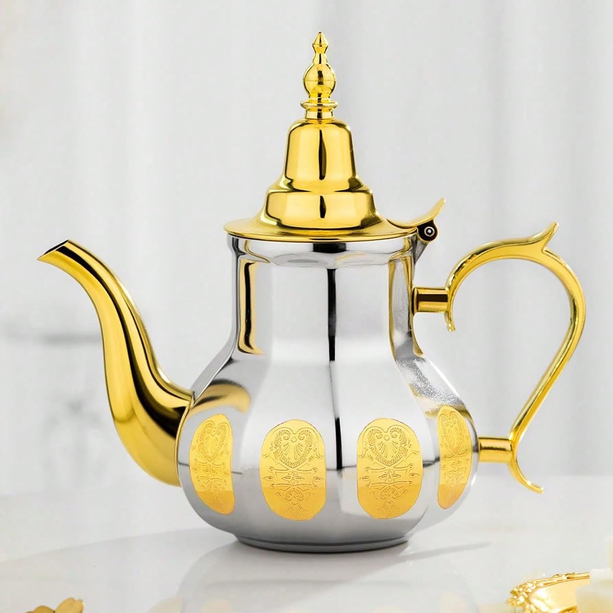 Tetera marroquí de 0,7 l, estilo árabe, acero inoxidable, estilo marroquí, tradicional, estilo religioso