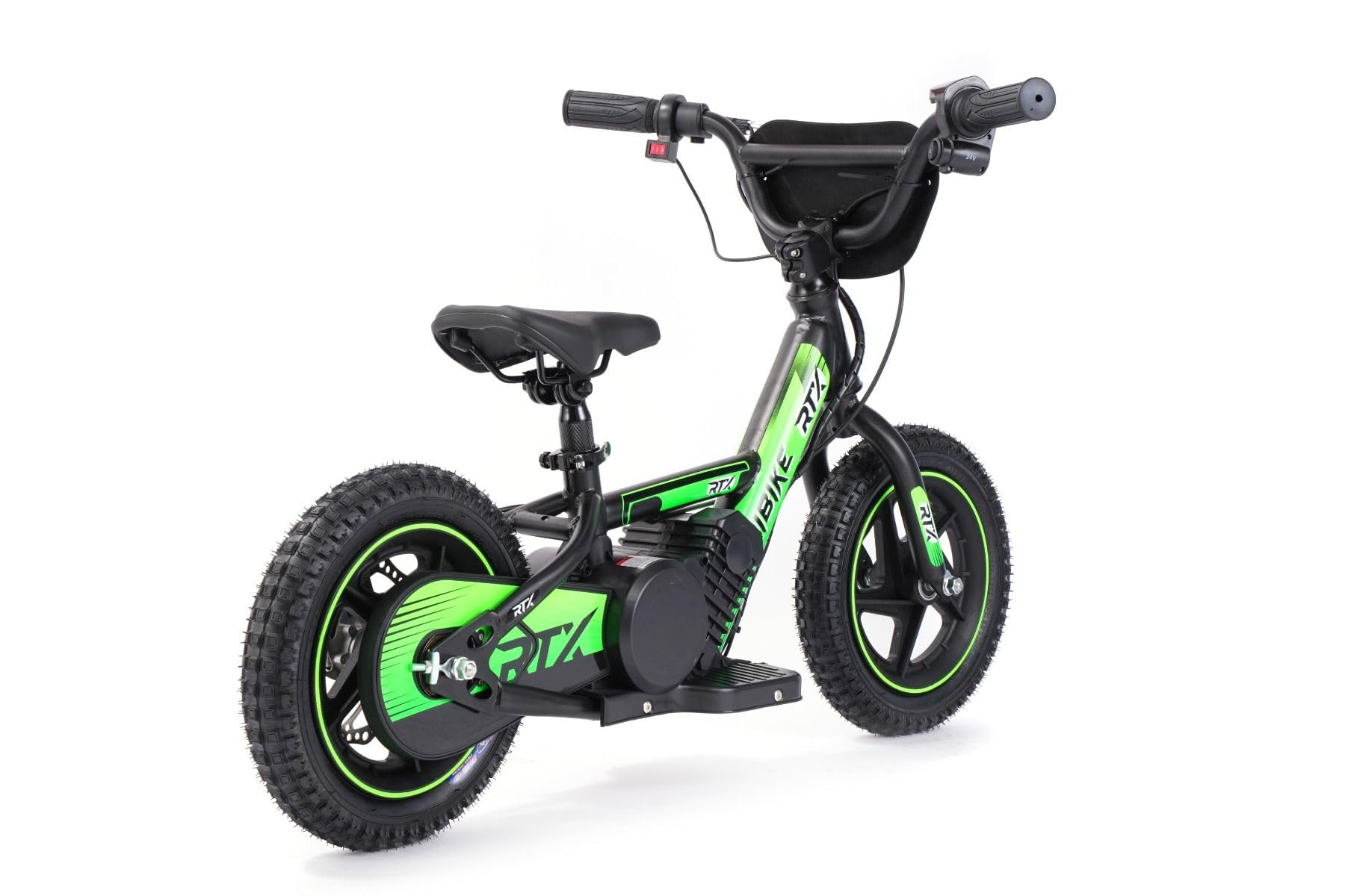 Bici elettrica per bambini RIRIBIKE RTX3 24V (12"), verde, Batteria al litio, Motore 100W, Freno a disco, Sedile regolabile in morbido PU