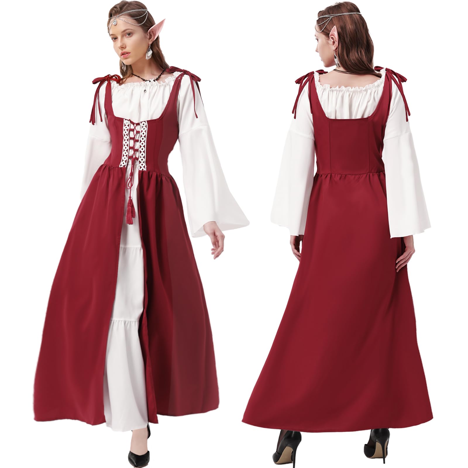 Joellfuner Vestido Medieval Para Mujer, Vestido Renacentista, Disfraz Irlandés con Sobrevestido, Medieval Mujer Vintage con Cabeza, Collar de Flores, Orejas de Elfo, Cosplay de Halloween
