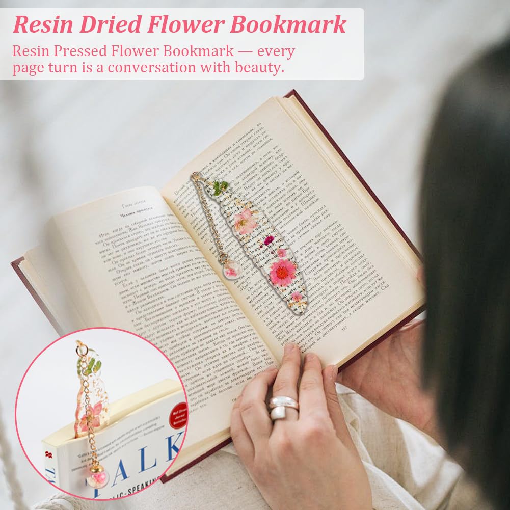 Marcapáginas de Flores Secas de Resina con Caja de Regalo - Accesorio de Lectura Original para Estudiantes y Mujeres (Rosa)