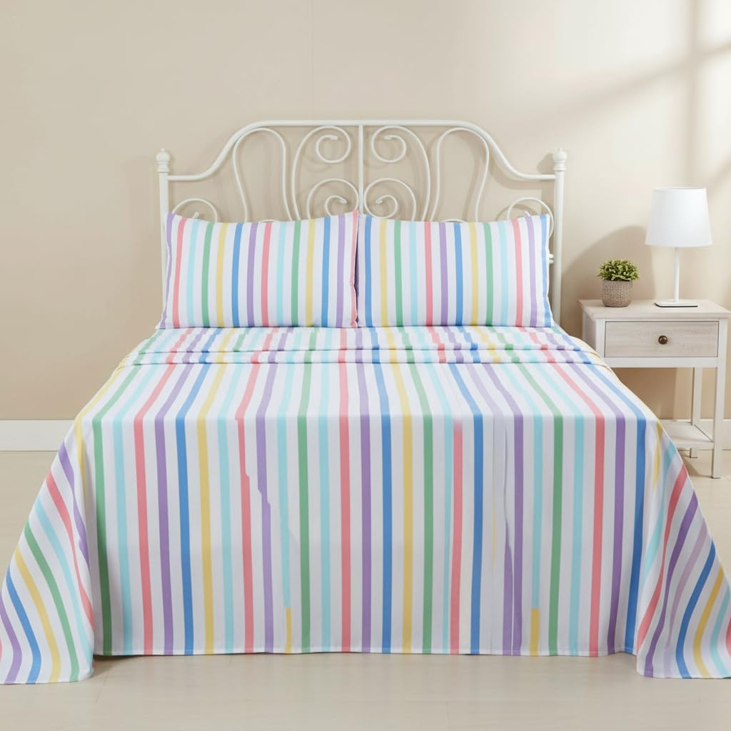 Rapport Home 100% Brushed Cotton Double Bed Sheet Set - Cosy Candy Stripe Flannelette Feel, Warm & Soft Bedding with Fitted, Flat Sheet & Pillowcases